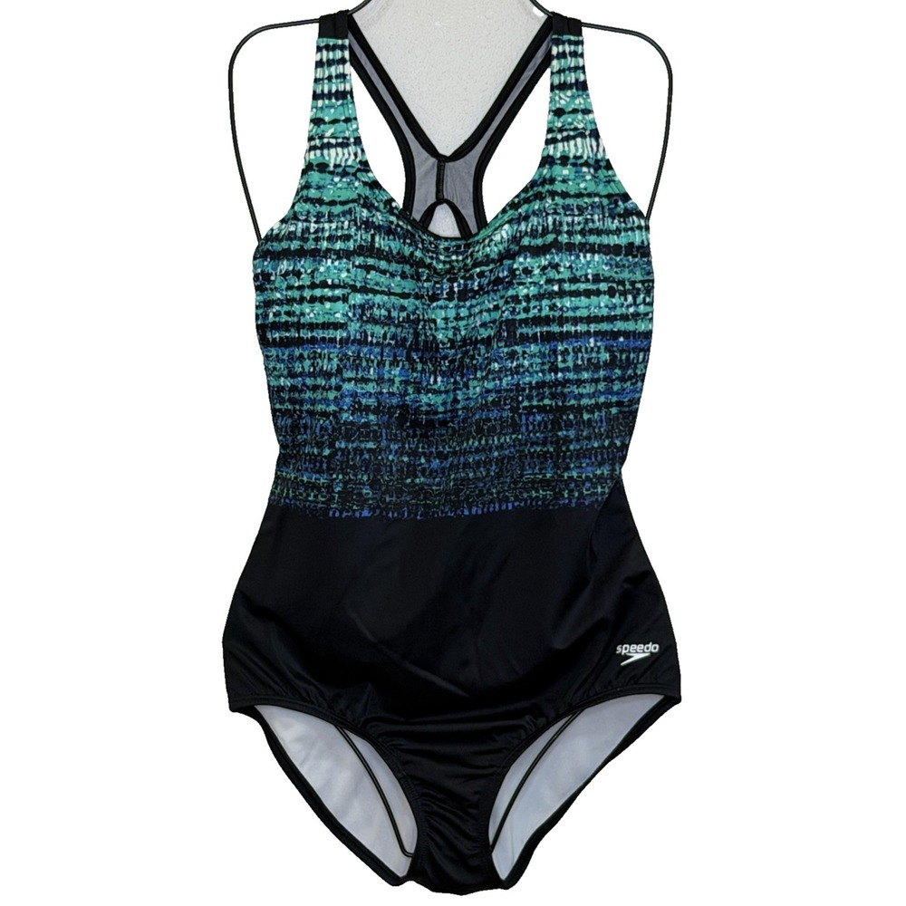 Speedo One Piece Swimsuit Sz 10 Black Teal Blue Print Tank Padded‎ Tummy Control